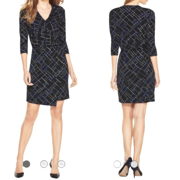 WHBM Black Abstract Geo-Print Sheath Dress 570162634 Wrap 3/4 Sleeves - Picture 1 of 15